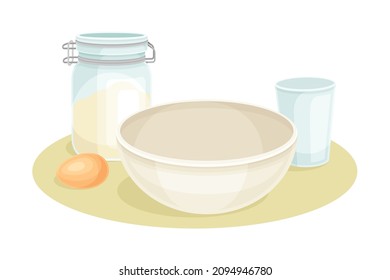 Ingredients for dough cooking. Bakery process, kneading pastry for cookies vector illustration