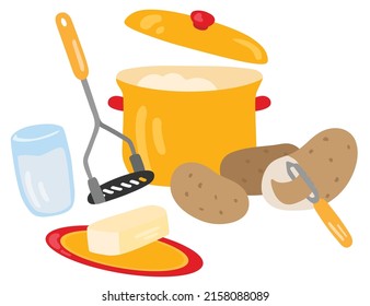 Ingredients and equipment for making mashed potatoes. Hand drawn vector illustration. Suitable for website, stickers, gift cards.