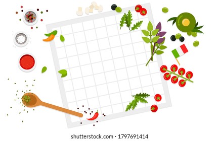 Ingredients for filling pizza Italian vector illustration in flat design. Top view meal.