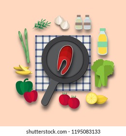 Ingredients of Fish Steak. Paper art object style for background.