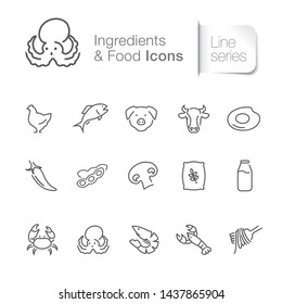 Ingredients & foods related icons. Seafood, poultry & vegetables.