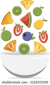 Ingredients for fruit salad fall into a bowl, motivation for proper nutrition