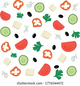 The ingredients of Greek salad. Pattern of tomatoes, cucumbers, peppers, olives, parsley and dill. Template for menus, business cards, textiles, Wallpaper, wrapping paper, etc.