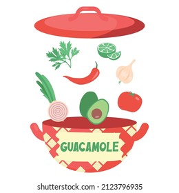 Ingredients for guacamole: avocado, chili pepper, tomatoes, onion, garlic, lime and cilantro. Mexican avocado sauce in a red pot Isolated on a white background. 