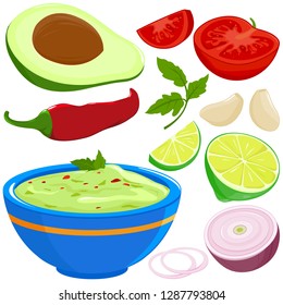 Ingredients for guacamole sauce and bowl of avocado guacamole dip. Vector illustration