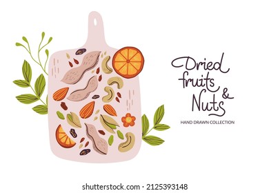 Ingredients of healthy snack, mixed nuts and dried fruits on wooden cutting board: hazelnut, almond, cashew, peanut, raisin, pistachio