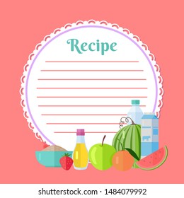 Ingredients for homemade dish, bottle and box of milk, apple and orange, strawberry and oil, flour in bowl. Pink recipe cookbook, round clean list. Vector illustration in flat cartoon style