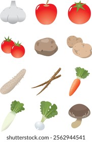 Ingredients Illustration 1-3 potatoes, tomatoes, mini-tomatoes, apples, yams, potatoes, burdock root, radish, shiitake mushrooms, mushrooms, garlic, turnips, small turnips, carrots