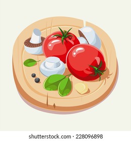 Ingredients Italian cuisine. The food on the cutting board. Vector illustration.