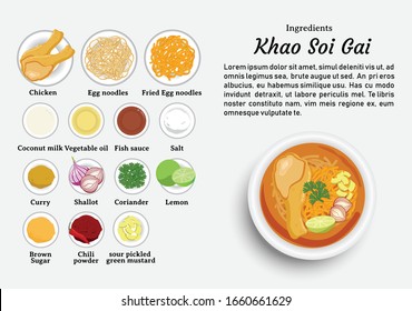 Ingredients of Khao Soi Gai vector design. One of The Most Popular Food in Thailand.