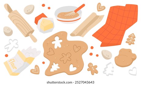 Ingredients and kitchen items for cooking gingerbread. Dough, butter, eggs, flour, cookie cutters. Cute Christmas decorative elements. Vector flat illustration