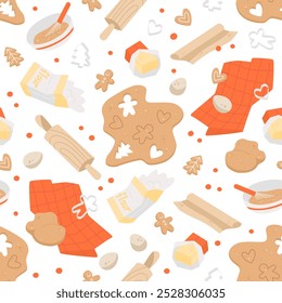 Ingredientes e itens de cozinha para cozinhar pão de gengibre. Padrão perfeito com massa, manteiga, ovos, farinha, cortadores de biscoitos. Textura com elementos decorativos de Natal bonito. Ilustrações planas vetoriais