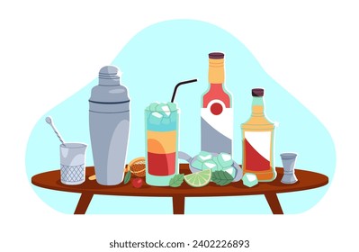 Ingredientes para hacer deliciosos cócteles en la mesa. Cubos de hielo y cal, agitador de herramientas de barrido, agitador, fórceps y gaseador. Mezclando alcohol. Concepto vectorial aislado de estilo plano de caricatura