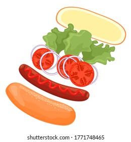 Ingredients for making a hot dog. Lettuce, tomatoes, onions, rolls, sausage, ketchup. Fast food. Set of cartoon vector illustrations isolated on white background.