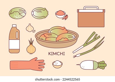 Ingredients for making Korean kimchi. Cabbage, soy sauce, onion, radish, salt, green onion, red pepper powder, garlic, rubber gloves.