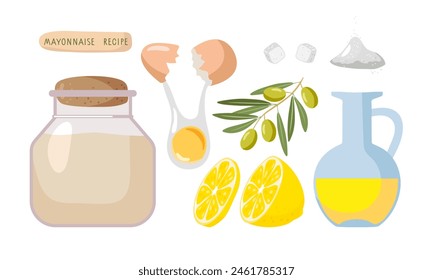 Zutaten für die Herstellung von Mayonnaise-Sauce. Mayonnaise-Rezept. Glas mit Sauce und Zutaten. Handgezeichnete Doodle-Skizze isoliert auf weiß. Flache Vektorgrafik Food Vorlage für Speisekarte, Rezept, Shop, Kochkurse