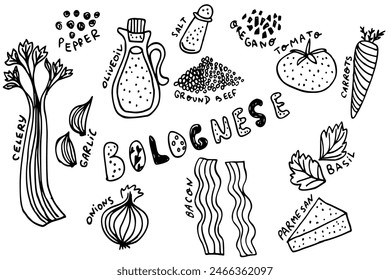 Zutaten für die Herstellung von Sauce Pasta Bolognese. Doodle-Stil. Vektorgrafik-Grafiken. Parmesan, Oregano, Rinderhackfleisch, Zwiebel, Karotten, Knoblauch, Olivenöl, Sellerie, Tomate