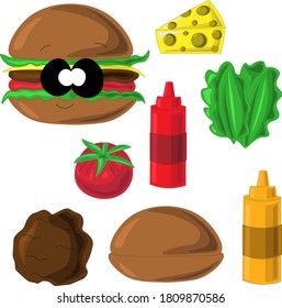 Ingredients for making tasty Hamburger. Drawn products. To use the manual for cooking and other purposes.