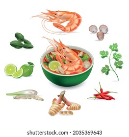 Ingredientes para hacer kung a Tom Yum. Tailandés picante y curry. Ingredientes para sopa tailandesa amarga y caliente, Tom Yum Kung. vector food.ilustración