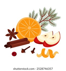 Ingredients for mulled wine. Orange, star anise, cinnamon, cloves, apple. Winter drink composition on a white background.