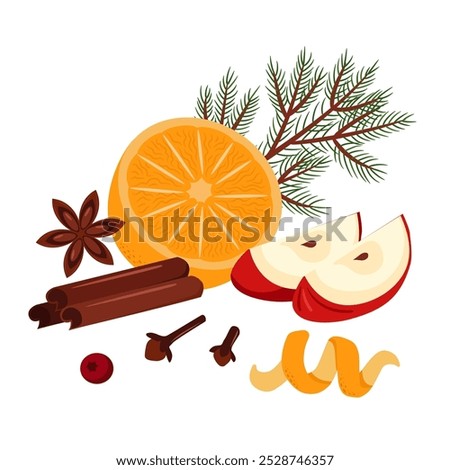 Ingredients for mulled wine. Orange, star anise, cinnamon, cloves, apple. Winter drink composition on a white background.
