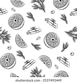 Ingredients for mulled wine and pine branches. Orange, star anise, cinnamon, cloves. Seamless pattern on white background.