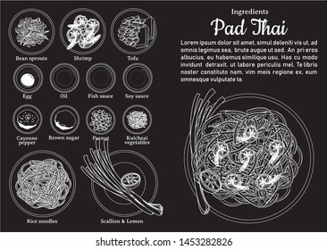 Ingredients of Pad Thai black board vector design. One of The Most Popular Dish in Thailand.