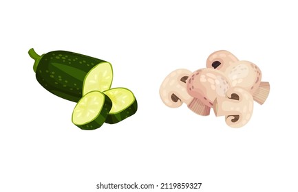 Ingredients for pasta cooking set. Fresh zucchini and champignon mushrooms vector illustratio