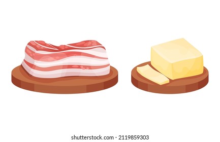 Ingredients for pasta cooking set. Raw bacon and butter vector illustration