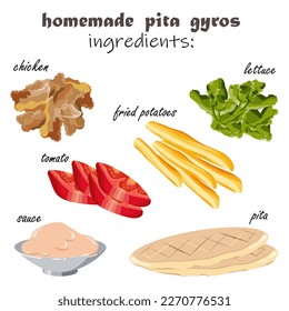 Ingredients with pictures for traditional homemade Greek souvlaki pita gyros chicken on white background. Food vector illustration.