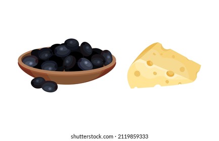 Ingredients for pizza cooking set. Olives on plate and cheese vector illustration
