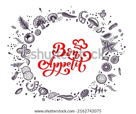 Ingredients for pizza. Frame in a circle. Bon appetit inscription. Hand drawn pizzeria menu template. Set of Italian cuisine products.
