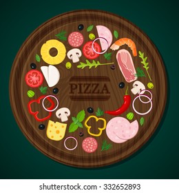  Ingredients for the pizza on the chalkboard. Vector