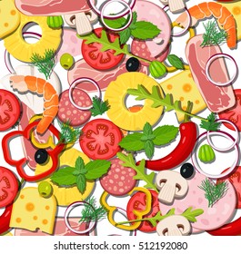 
Ingredients for the pizza. Vector seamless pattern.
Fruits and vegetables.