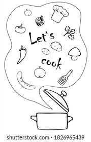 Ingredients and a pot. Let`s cook. Black and white vector for card or gift, for coloring.