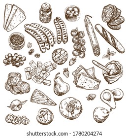 ingredients for preparing various dishes and table setting. natural products. set of vector sketches on a white background