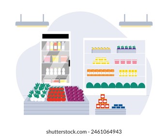 Los ingredientes para las necesidades procesadas de los hogares están bien disponibles en los supermercados, la Ilustración vectorial.