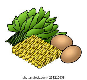 Ingredients for a quick meal: instant noodles, eggs and spinach / vegetables.