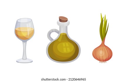 Ingredients for risotto cooking set. Glass of wine, jug of olive oil, onion bulb vector illustration