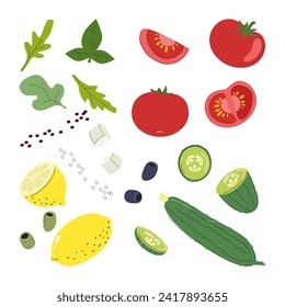 Ingredients for salad. Greek salad. Set of vector illustrations. Tomato, cucumber, olives, basil, arugula, cheese, lemon. Isolated objects on white background