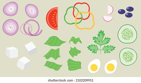 ingredients for salad - onion, tomato, bell peppers, cucumbers, parsley, eggs - vector illustration