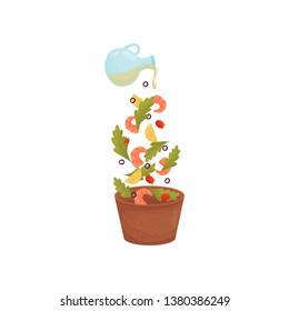 Ingredients for salad are pouring into the bowl. Vector illustration.
