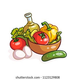 Ingredients for salad. Tomatoes, paprika, cucumbers, lettuce and olive oil. Colorful cartoon style.