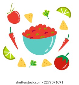 Ingredients for salsa sauce. Tasty tomato, chili pepper, lime, coriander and nacho chips. Flat vector illustration.