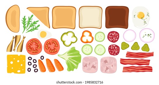 Ingredients for sandwiches. Sliced vegetables, meat products, greens to create sandwiches. Snacks. Overhead view of isolated snacks on toast vector flat. Tasty breakfast or fast food. For menu