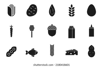 Ingredients and seasoning black icon set. Potato, corn, acorn, milk, gluten vector illustration