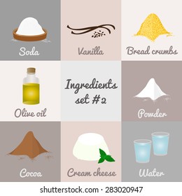 Ingredients set #2. Soda, vanilla, bread crumbs, olive oil, powder, cocoa, cream cheese, water.