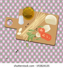 Ingredients for spaghetti with tomatoes and mozzarella, stock vector illustration