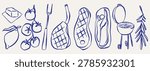 Ingredients for steak different cuts of steak, steak grill, butter, tomatoes, lemon, rosemary. set Doodle Sketch Vector ink style.