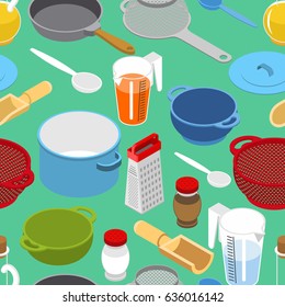Ingredients and tableware utensil seamless pattern. Grater and colander. Pan and saucepan. Cheese and chicken. Bacon and mushrooms. Set for cooking a background
